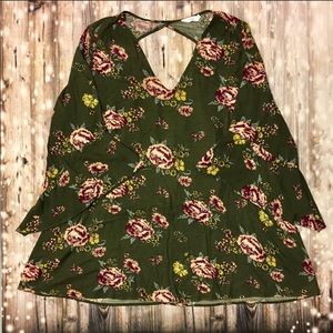 Lush olive green floral design wide sleeve tunic